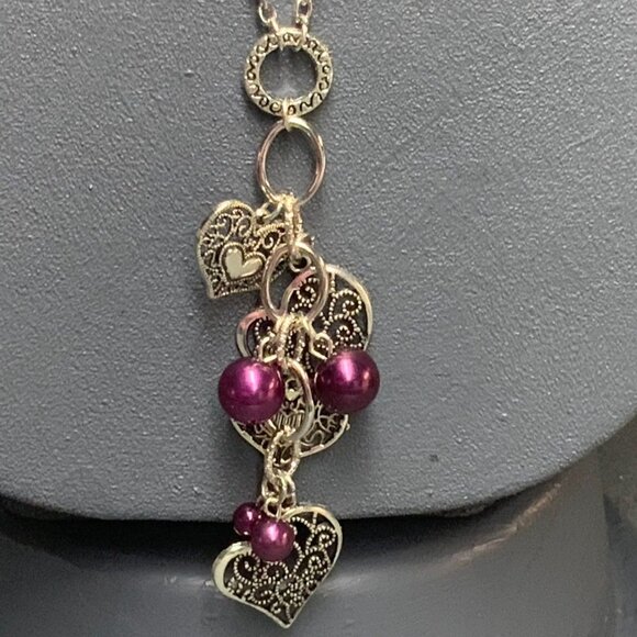 Long Purple Pearl Necklace 30 In Silver Chain Filigree Heart Dangles Retro BoHo - Picture 3 of 6
